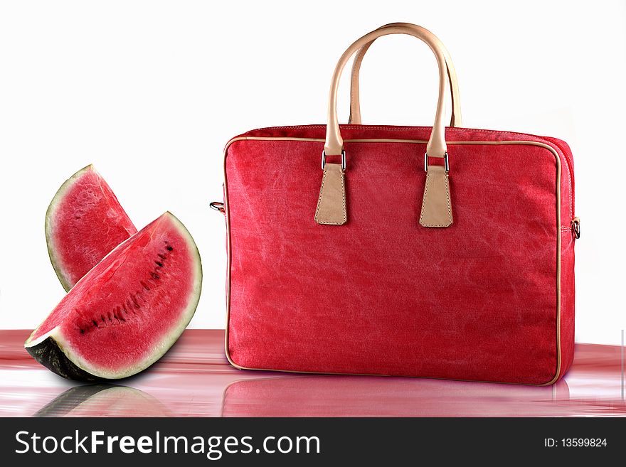 Summer red leather bag with slices of watermelon. Summer red leather bag with slices of watermelon