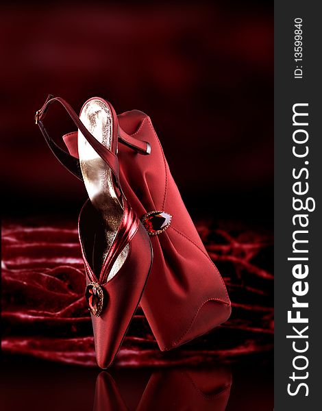 Elegant red shoe with bag coupling. Elegant red shoe with bag coupling