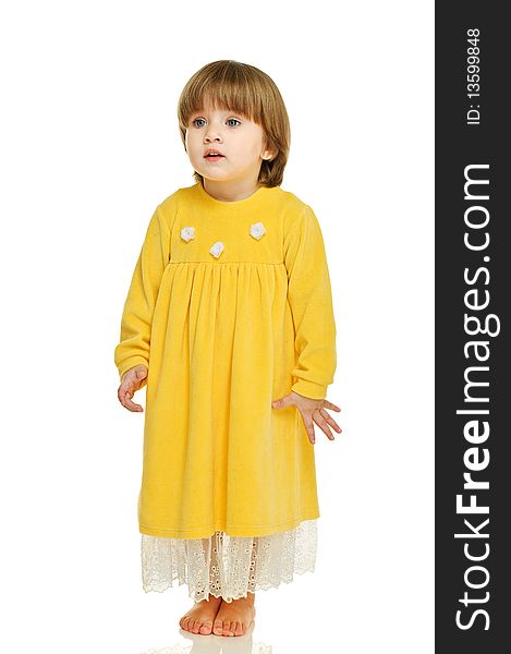 Little girl in yellow dress on white background. Little girl in yellow dress on white background