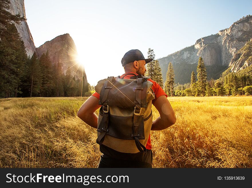 Happy hiker visit Yosemite national park in California