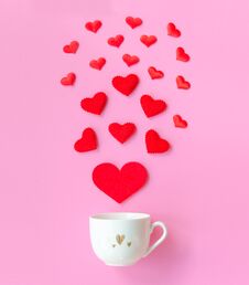 Valentine`s Day With Red Hearts, Cup Coffee On Pink Background, Copy Space Valentines Day Concept. Flat Lay Stock Image