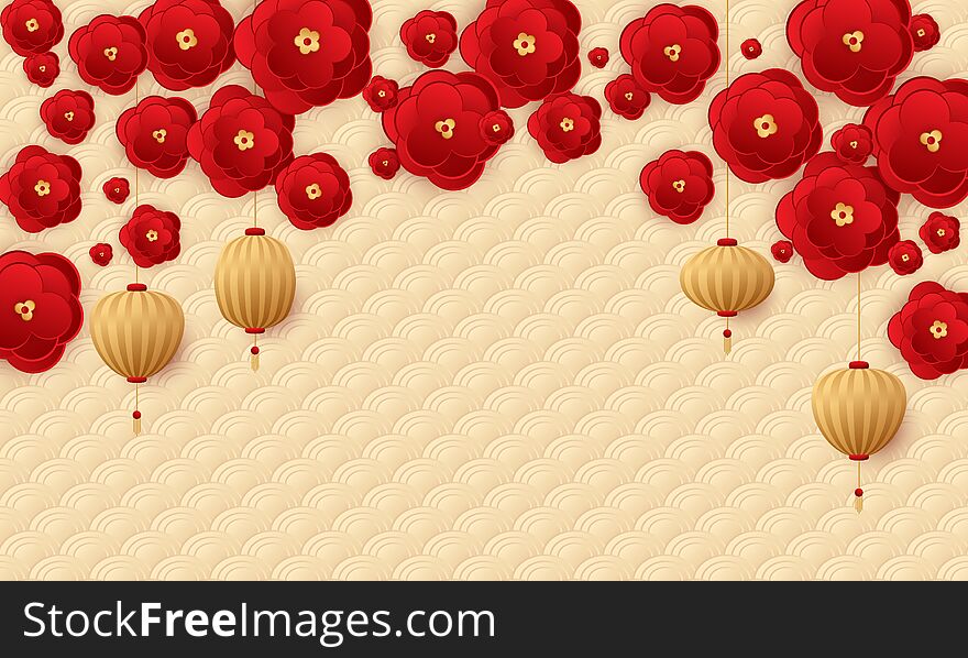 Hanging lanterns and paper cut flowers Chinese new year card background vector design. Red and gold abstract chinese cherry flowers and New Year lanterns vector holiday illustration.