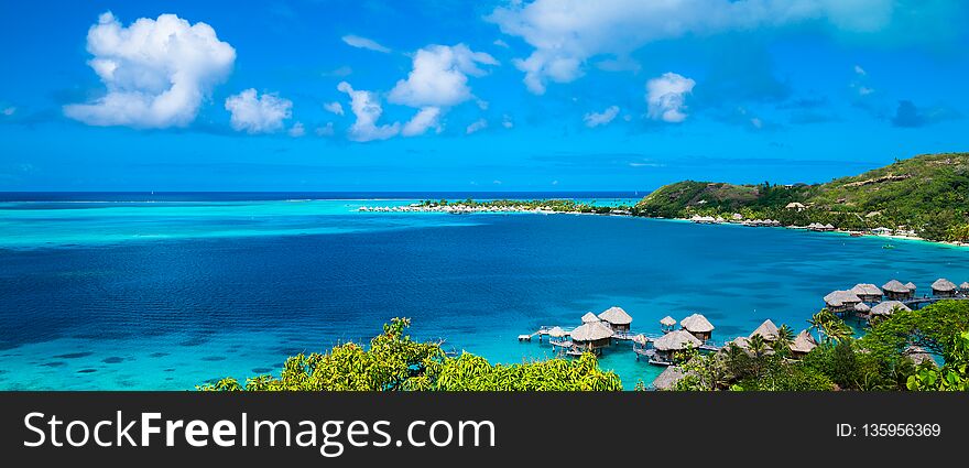 Bora Bora beach with over the water bungalows, Tahiti, French Polynesia