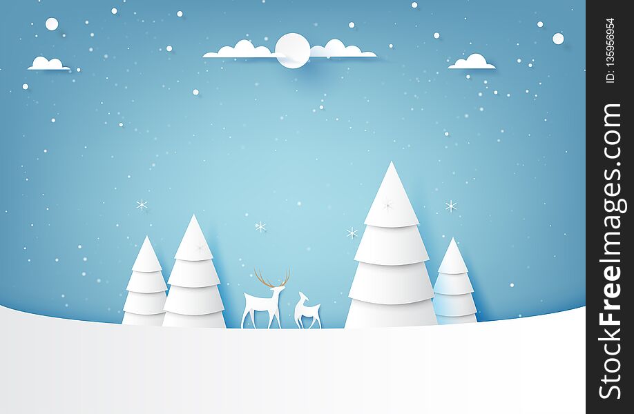 Winter season landscape with origami christmas trees and deers wildlife background paper art style for merry christmas and happy new year.Vector illustration. Winter season landscape with origami christmas trees and deers wildlife background paper art style for merry christmas and happy new year.Vector illustration