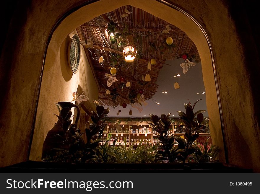 Restaurant window reflections low viewpoint