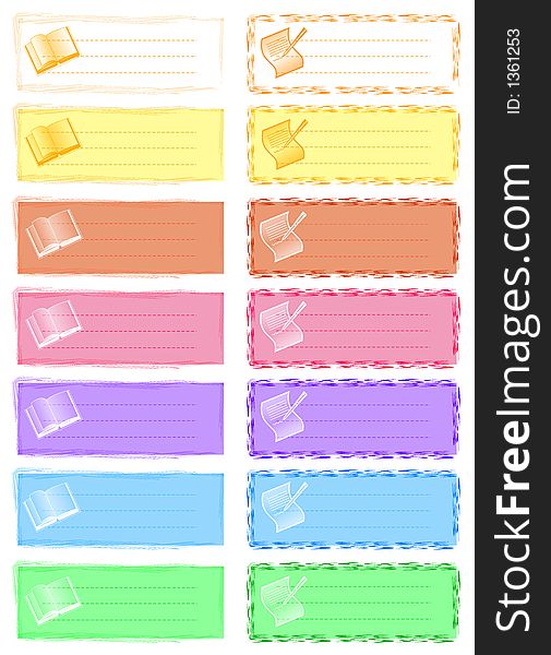 A page of empty labels easy to use for your text. Decorated with little papers and books. A page of empty labels easy to use for your text. Decorated with little papers and books.