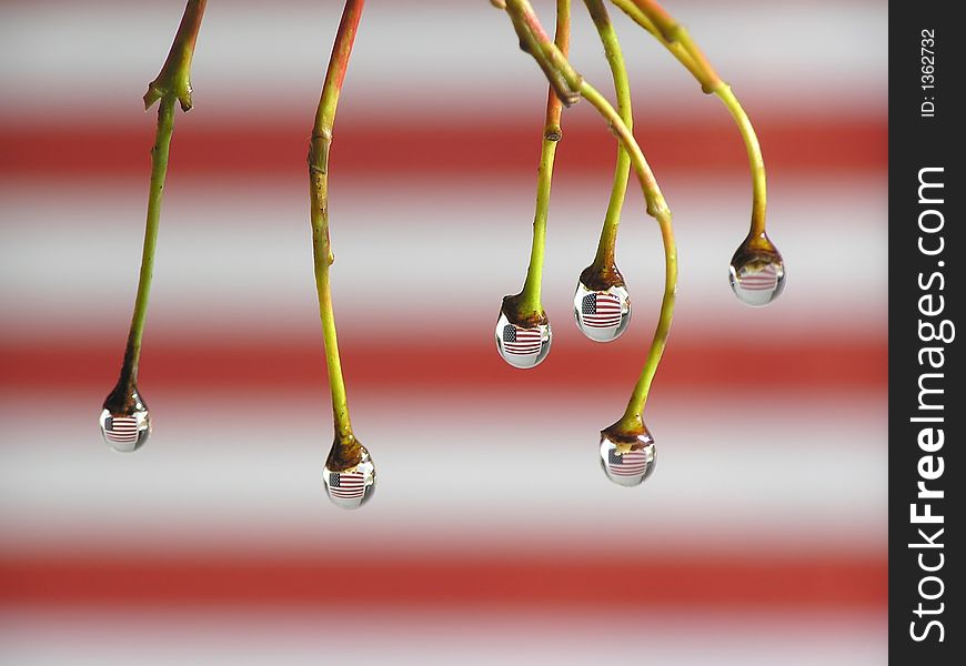 Reflection of american flag on drops