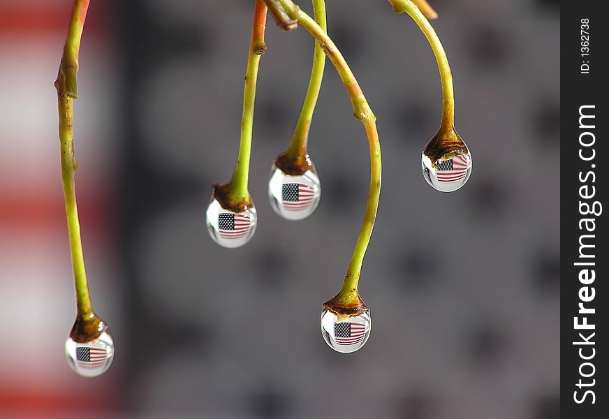 Reflection of american flag into drops. Reflection of american flag into drops