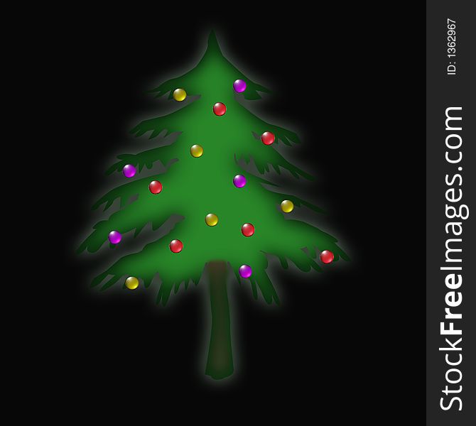 An illustration of a decorated Christmas tree on a black background.