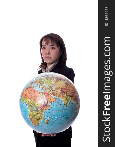 Young asian businesswomen holding a globe. Young asian businesswomen holding a globe