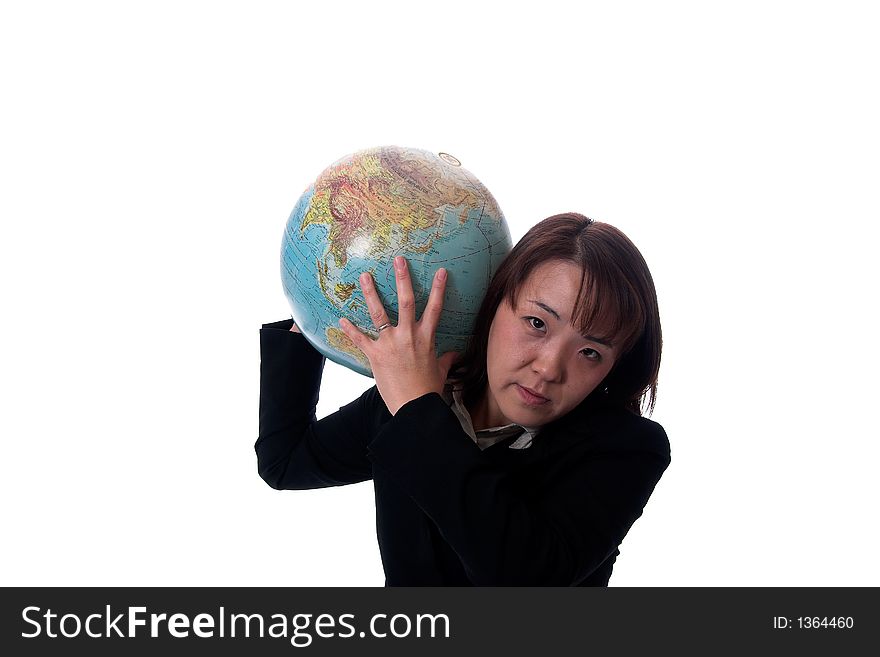 Young asian businesswomen holding a globe on her shoulder. Young asian businesswomen holding a globe on her shoulder