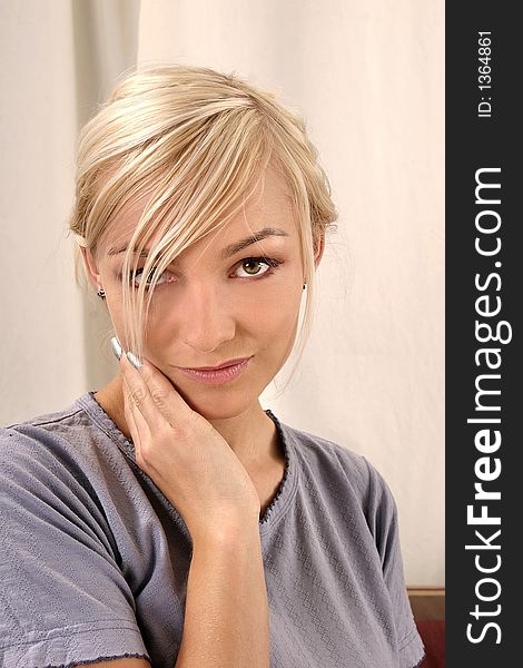 Blond, young girl, woman in a lilac top