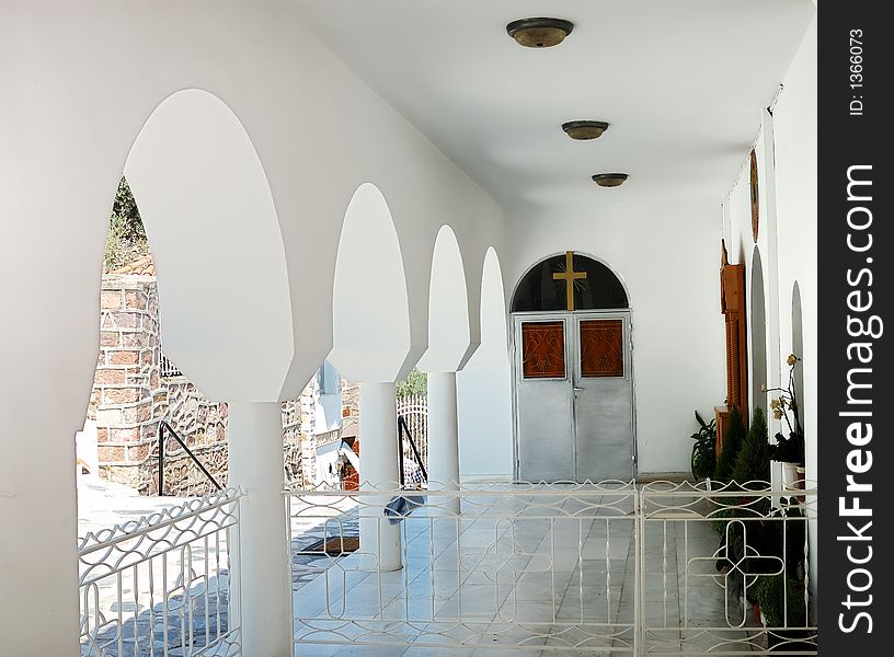 The Greek Orthodox monastery in Mitilinii, Lesvos, which is being rebuilt or renovated.vivid summer colours. The Greek Orthodox monastery in Mitilinii, Lesvos, which is being rebuilt or renovated.vivid summer colours