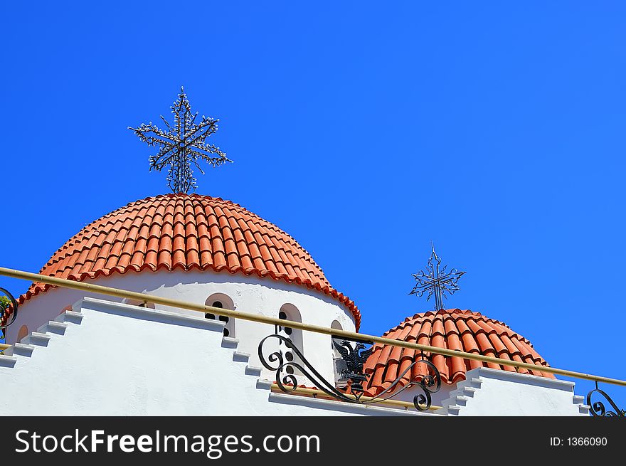 The Greek Orthodox monastery in Mitilinii, Lesvos, which is being rebuilt or renovated.vivid summer colours. The Greek Orthodox monastery in Mitilinii, Lesvos, which is being rebuilt or renovated.vivid summer colours
