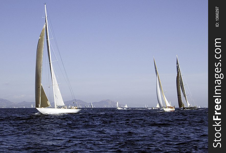 Modern sailing yachts competing in the Voils de St-Tropez. Modern sailing yachts competing in the Voils de St-Tropez