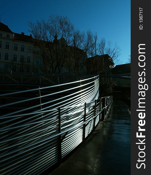 Railings at a riverside cafÃ© by the River Mur in Graz, Austria. Railings at a riverside cafÃ© by the River Mur in Graz, Austria