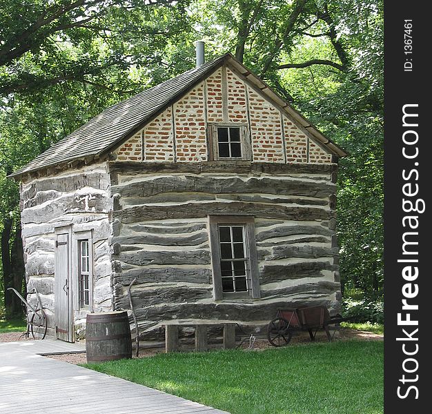 An early cabin built of bricks and hardwoods is preserved at Homestead National Monument of America in Nebraska.