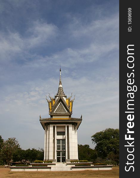 White pagoda on blue sky background, Cambodia