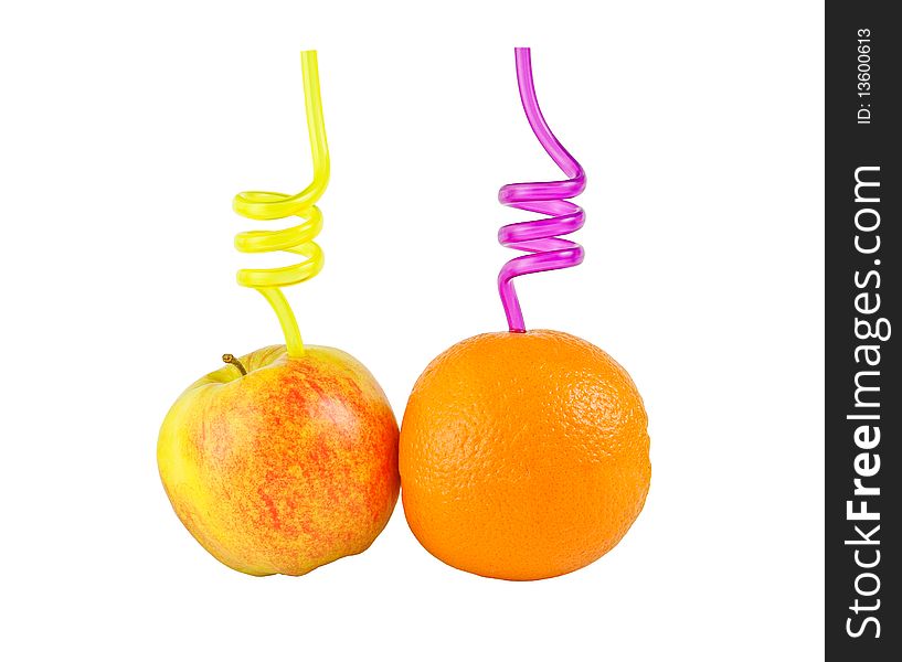 Fresh fruits with spiral tubes for juice. Fresh fruits with spiral tubes for juice