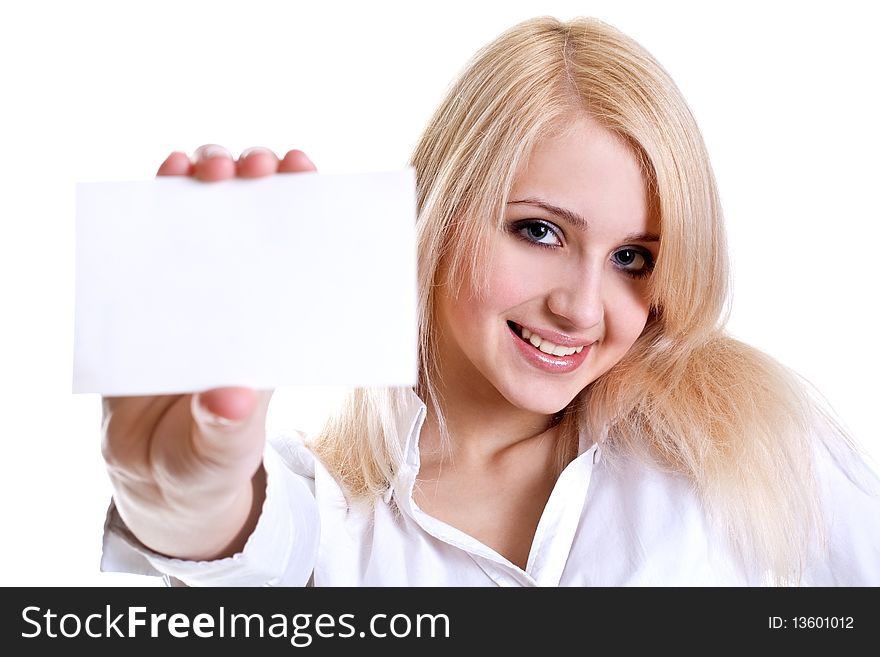 Young business woman with business card on a white background