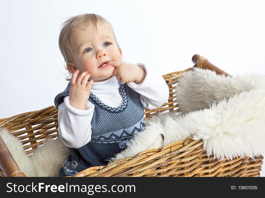 Nice little girl sitting in a wicker basket covered with fell isolated on white background. Nice little girl sitting in a wicker basket covered with fell isolated on white background