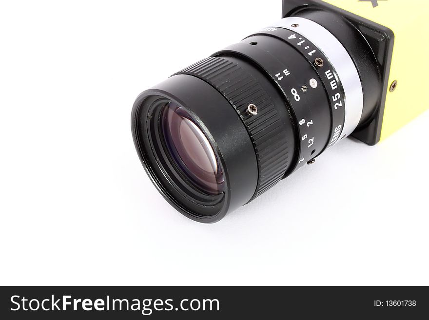 Industrial camera closeup isolated on white background