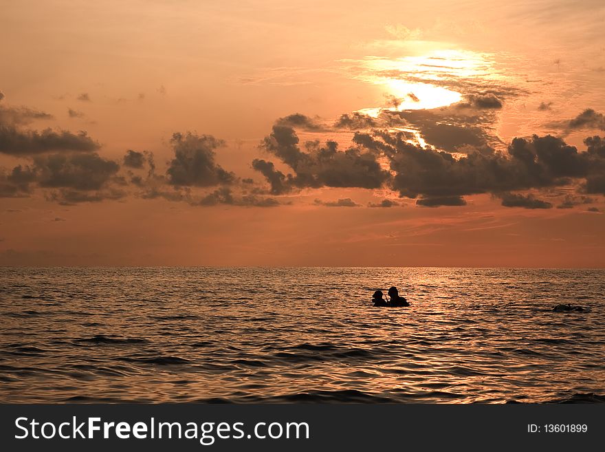 Diving at the sunset in Turkish Mediterranean sea. Diving at the sunset in Turkish Mediterranean sea