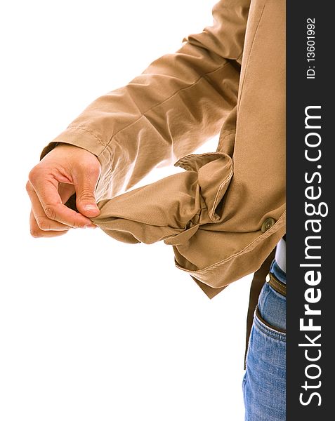 Man holding his empty pocket, isolated on white