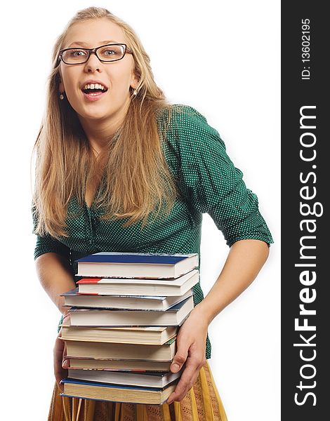 Beauty young student with books in green shirt (isolated on a white background)