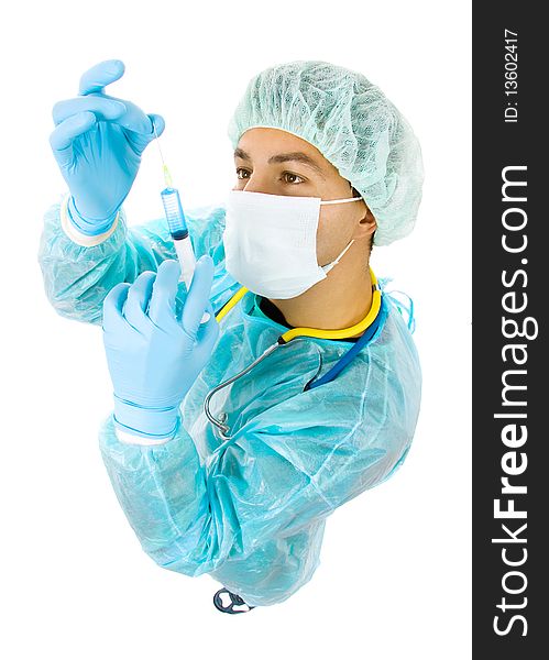 Young doctor full body with a syringe, isolated on white(focus in the eyes)