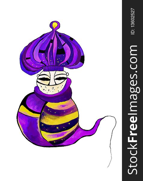 Violet hand drawn genie with turban without lamp