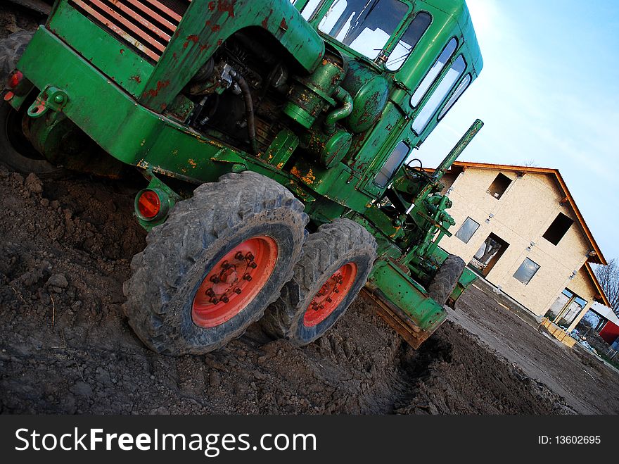 Vintage truck parked at a construction site