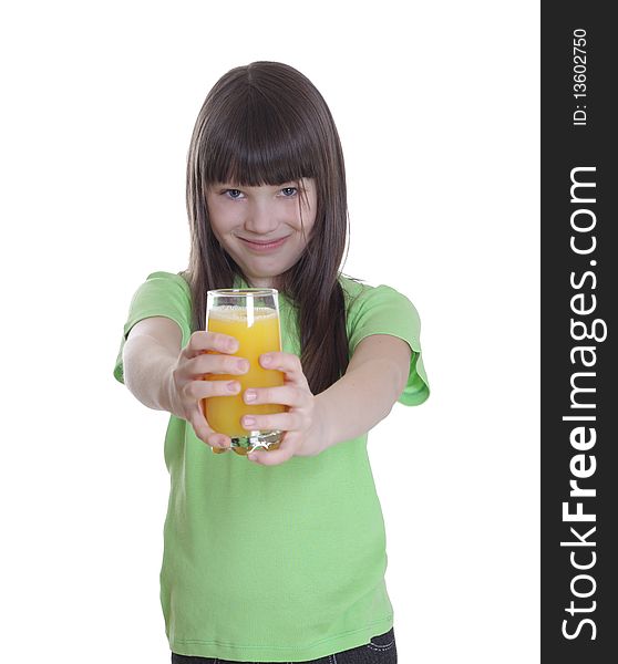 The smile little girl with orange juice. Isolated on a white background.