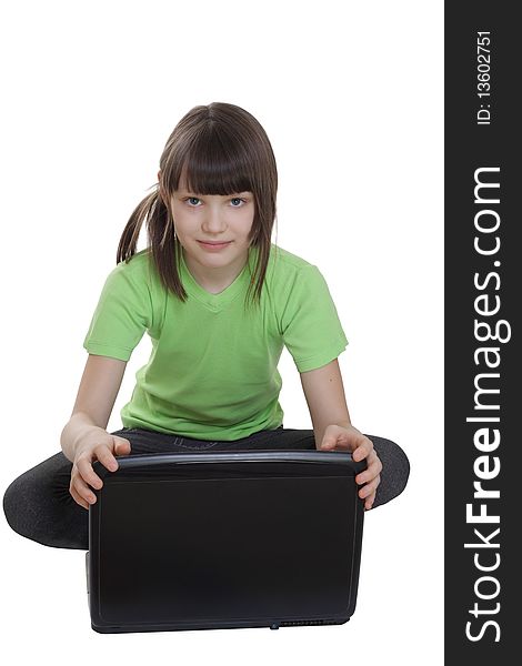 Little girl with laptop. Isolated on a white background