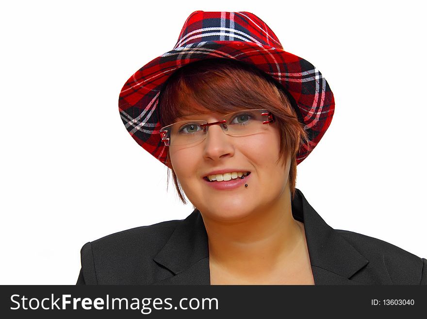 Portrait of an attractive young woman wearing a checkered hat. Portrait of an attractive young woman wearing a checkered hat.