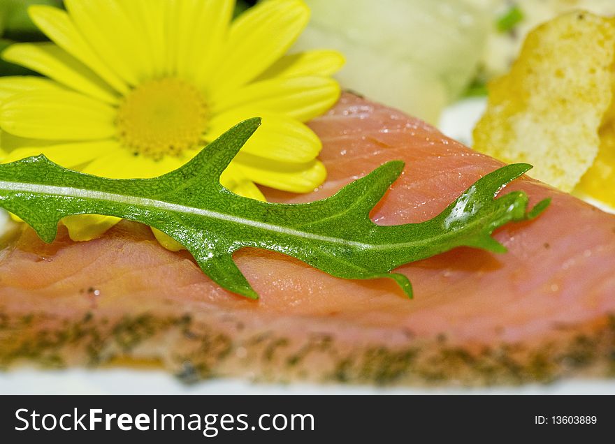 Fresh salmon with green rucola and yellow blossom. Fresh salmon with green rucola and yellow blossom