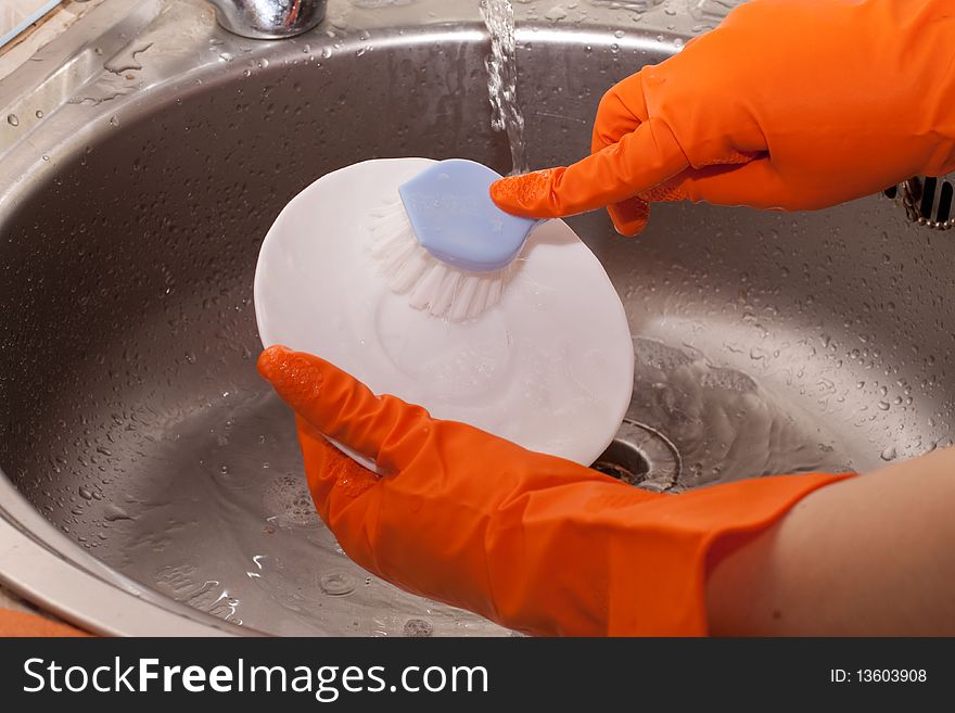 Women S Hands Wash The Brush Plate