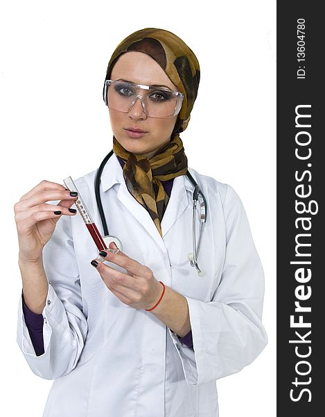 Nice looking female doctor working in lab. Nice looking female doctor working in lab