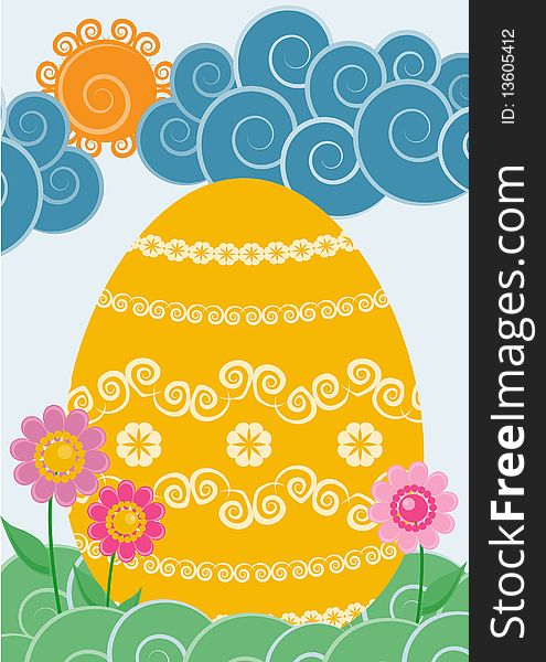 Easter postcard with a decorated egg, flowers and clouds
