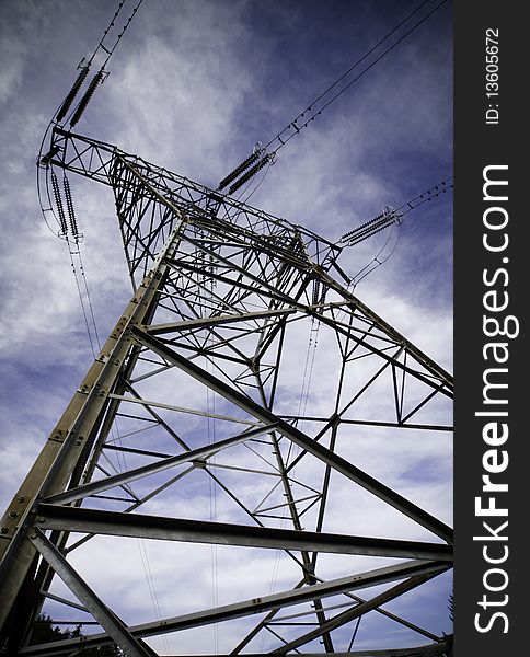 Low, wide angle of a electric power tower. Low, wide angle of a electric power tower
