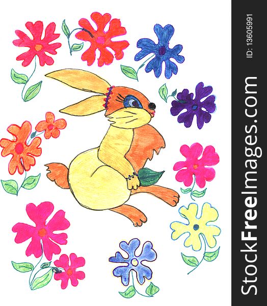 Kid's pencil drawing of rabbit and flowers, sketch