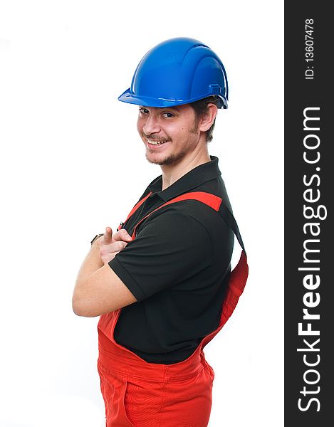 Portrait of a construction worker isolated on a white background