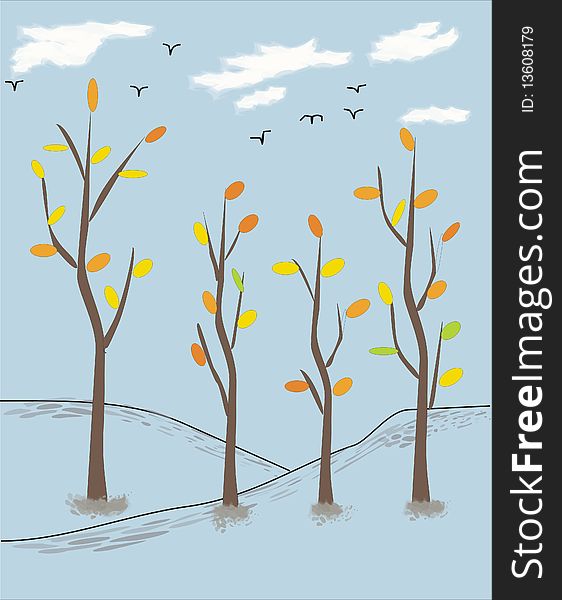 Trees with birds in autumn illustration