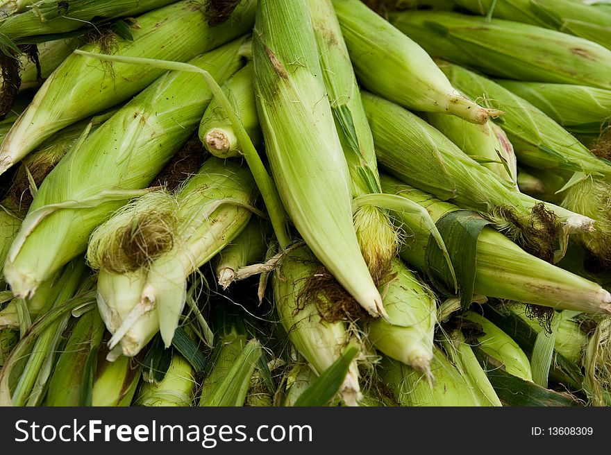 A stack of organic fresh corn at a farmer's market. A stack of organic fresh corn at a farmer's market.