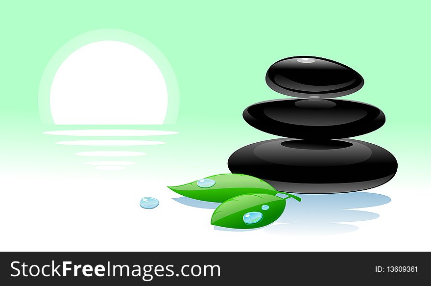 Three black pebbles with green leafs. Three black pebbles with green leafs