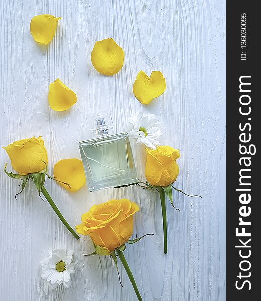Perfume flower yellow fresh rose on wooden background aromatic. Perfume flower yellow fresh rose on wooden background aromatic