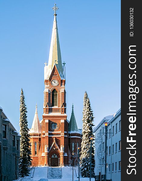 Mikkeli Cathedral on a background of blue sky frosty winter morning. Mikkeli Cathedral on a background of blue sky frosty winter morning