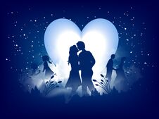 Love Greeting Card Design, Romantic Silhouette Of Loving Couple On Night View Background. Stock Image