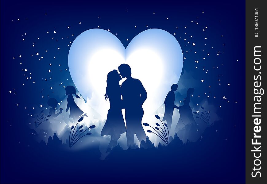 Love greeting card design, romantic silhouette of loving couple on night view background.