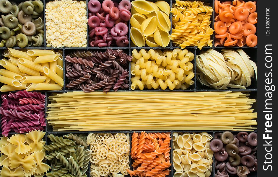 Colorful dry pasta background